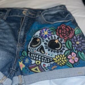 SO Denim Shorts with Hand Painted Sugar Skull Design